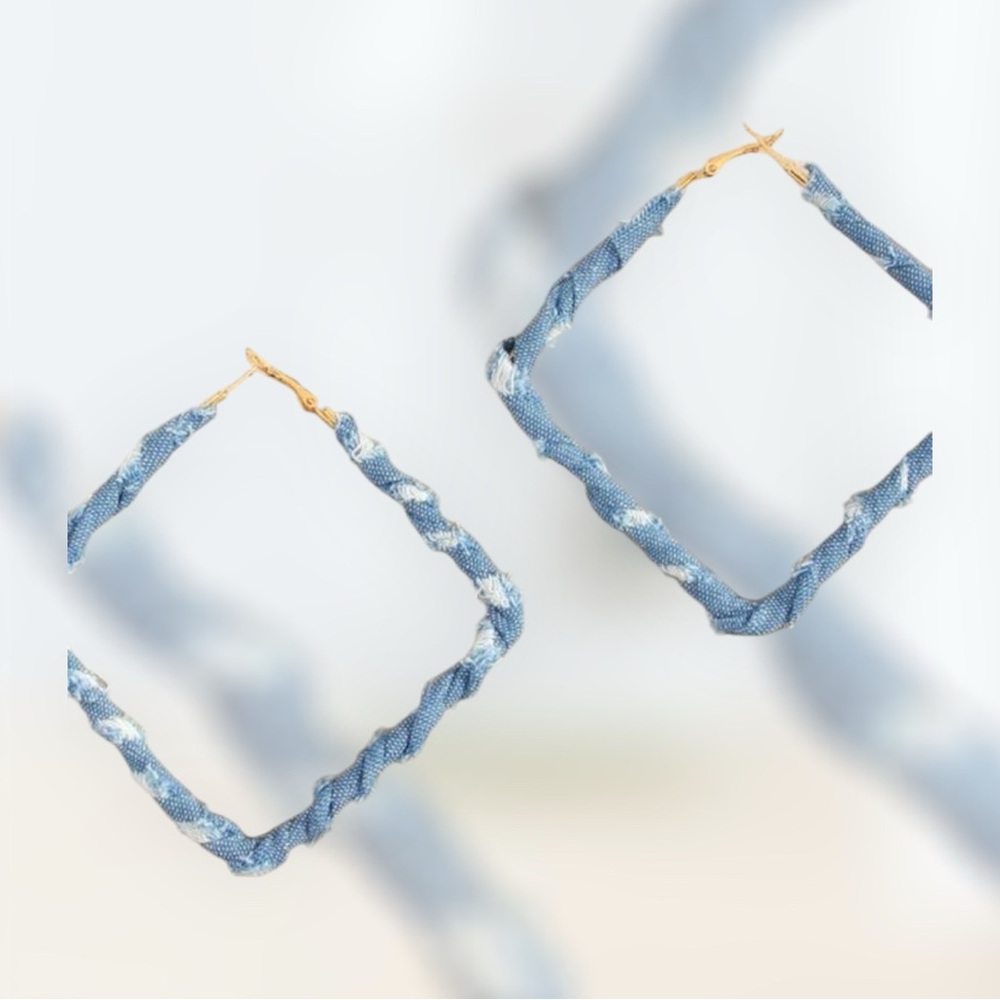 Powder Blue Geometric Hoop Earrings with Gold Accents